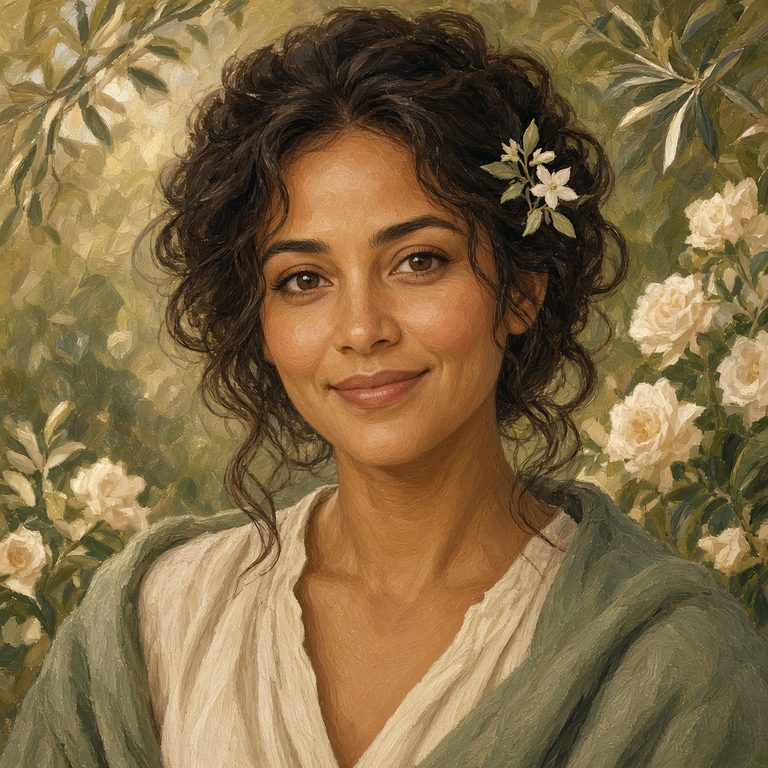 Illustrated portrait of Shaley, a woman in a garden